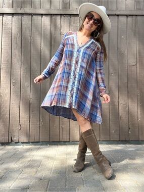 HOLDING HORSES Plaid Midi Cottage core Dress in Blue and Brown Small